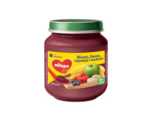 Дитяче пюре Milupa Яблуко-банан-чорниця-малина з 4 місяців 125 г (5900852051470)