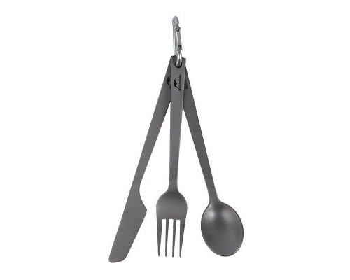 Набір туристичного посуду Naturehike ложка, виделка, ніж з титану NH19T011-D сірий з мішечком (6927595736739)