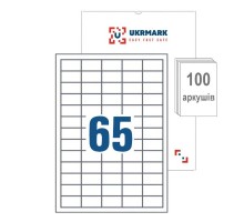Етикетка самоклеюча UKRMARK A4-65-W1, А4, 65 на листі, 38.1мм х 21.2мм, 100 аркушів (900625)