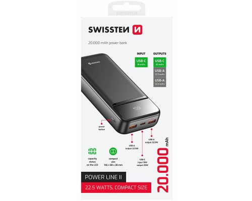 Батарея універсальна SWISSTEN 20000mAh POWER LINE II 22.5W PD QC Black (8595217490628)