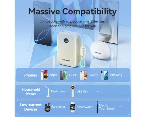 Батарея універсальна VENTION 20000mAh 22,5W Fast Charging, with built-in USB-C cable, Beige (FKBN0-C)