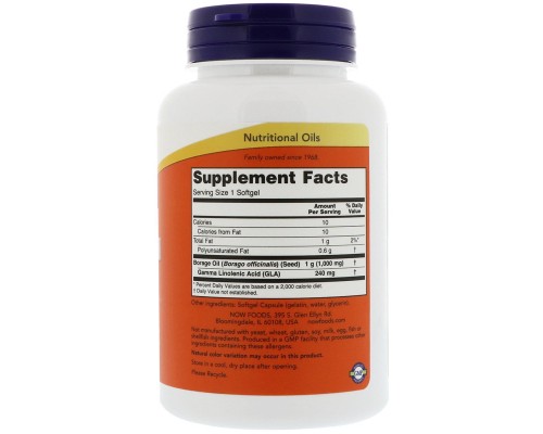 Трави Now Foods Олія огірника, Borage Oil, 1000 мг, 60 м'яких желатинових ка (NOW-01720)