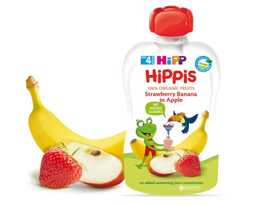 Дитяче пюре HiPP HiPPiS Pouch Яблуко-полуниця-банан, 100 г (9062300133759)
