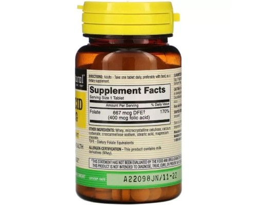 Вітамін Mason Natural Фолієва кислота 400 мкг, Folic Acid, 100 таблеток (MAV-06531)