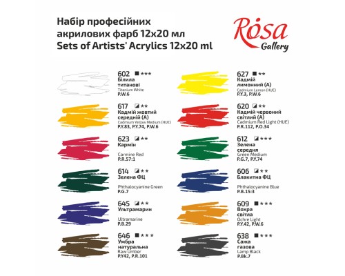 Акрилові фарби Rosa Gallery 12 x 20 мл, блістер (4823098538158)
