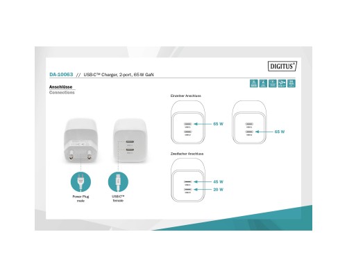 Зарядний пристрій Digitus 2xUSB-C PD65W GaN (DA-10063)