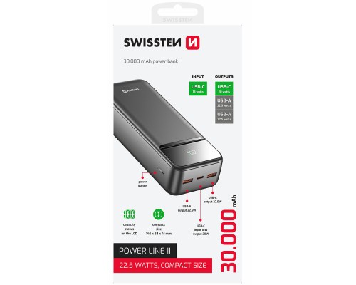 Батарея універсальна SWISSTEN 30000mAh POWER LINE II 22.5W PD QC Black (8595217490635)