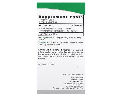 Трави Nature's Answer Олія орегано, 150 мг, Oil of Oregano, 90 гелевих капсул (NTA-16308)
