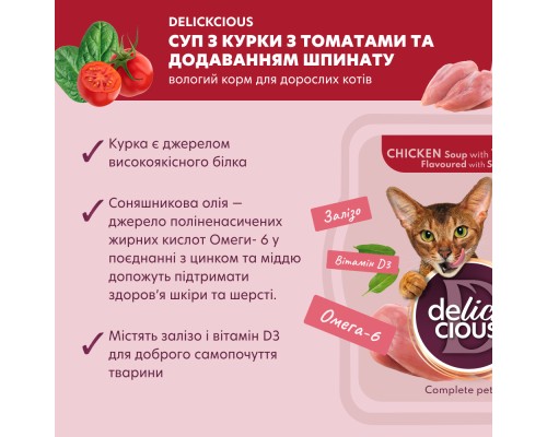 Вологий корм для кішок Delickcious Суп з курки з томатами та додаванням шпинату 80 г (4820269141551) Вологий корм для кішок Delickcious Суп з курки з томатами та додаванням шпинату 80 г (4820269141551)