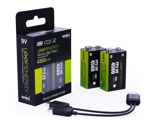 Акумулятор Крона USB-С 500 mAh 9V Li-ion 2шт./уп. (Loop Energy) Verico (1UDBT-A3WEB2-NN)