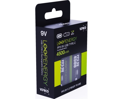 Акумулятор Крона USB-С 500 mAh 9V Li-ion 2шт./уп. (Loop Energy) Verico (1UDBT-A3WEB2-NN)