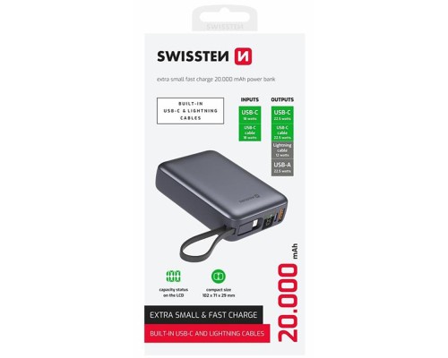 Батарея універсальна SWISSTEN 20000mAh SPACE 22/5W PD QC w/built-in cables USB-C/LIGHTNING Silver (8595217490598)