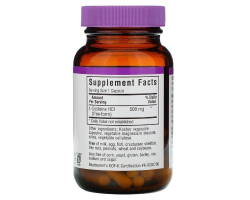 Амінокислота Bluebonnet Nutrition L-Цистеин 500 мг, L-Cystein, 60 вегетаріанських капсул (BLB0038) 
