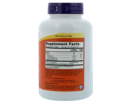 Трави Now Foods Органічне Лляне Олія 1000мг, 250 желатинових капсу (NOW-01772)