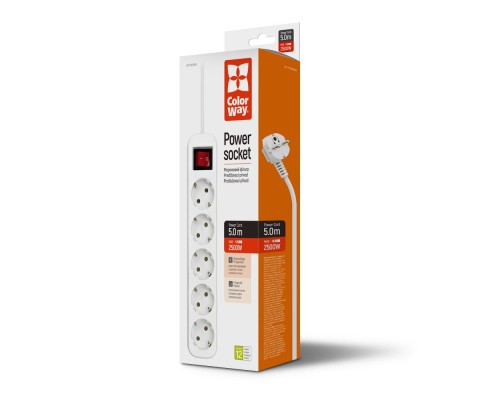 Мережевий фільтр живлення ColorWay CW-PSEA55W, 5 розеток/ 5M white (CW-PSEA55W)
