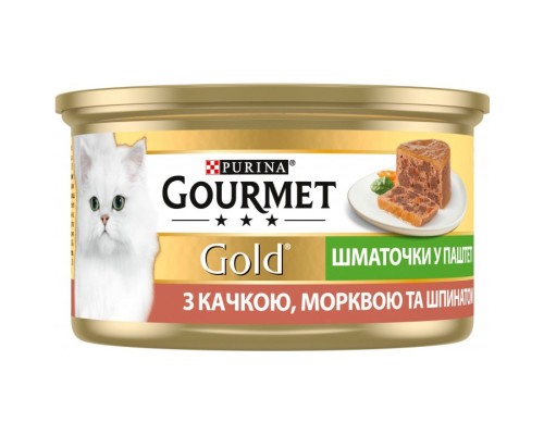 Паштет для котів Purina Gourmet Gold. З качкою, морквою і шпинатом. Шматочки в паштеті 85 г (7613033728778) Паштет для котів Purina Gourmet Gold. З качкою, морквою і шпинатом. Шматочки в паштеті 85 г (7613033728778)