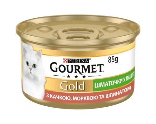 Паштет для котів Purina Gourmet Gold. З качкою, морквою і шпинатом. Шматочки в паштеті 85 г (7613033728778) Паштет для котів Purina Gourmet Gold. З качкою, морквою і шпинатом. Шматочки в паштеті 85 г (7613033728778)