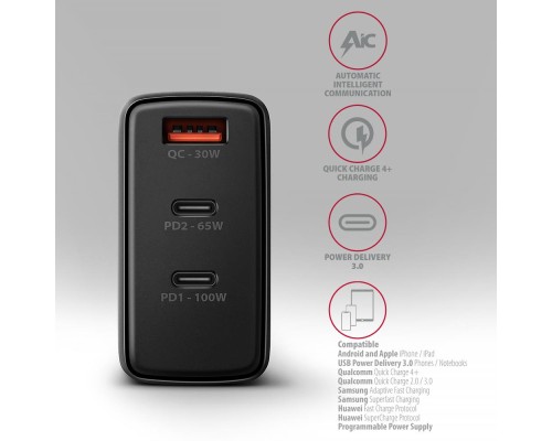 Зарядний пристрій AXAGON 1xUSB + 2xUSB-C 100W QC4+ PD3.0 PPS black (ACU-DPQ100)