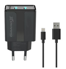 Зарядний пристрій Grand-X 5V 2,1A Black + cable USB-Lightning (CH15LTB)