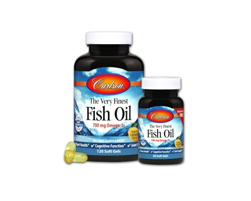 Жирні кислоти Carlson Риб'ячий Жир, Смак Лимона, The Very Finest, 120+30 желатинов (CL1634)
