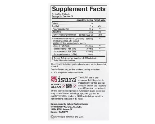 Жирні кислоти Natural Factors Омега-3 ультра та вітамін D3, 2150 мг, RxOmega-3 Ultra Strength with Vitamin D3 (NFS-35489)