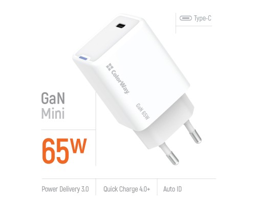 Зарядний пристрій ColorWay GaN Mini 65W PD Port PPS USB-C white (CW-CHS049PD-WT)