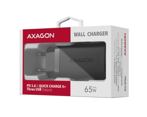 Зарядний пристрій AXAGON 1xUSB + 2xUSB-C 65W QC4+ PD3.0 PPS black (ACU-DPQ65)