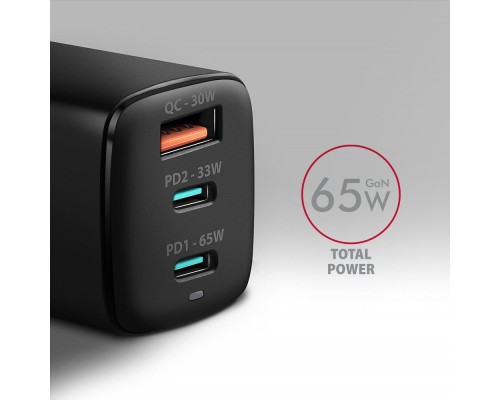 Зарядний пристрій AXAGON 1xUSB + 2xUSB-C 65W QC4+ PD3.0 PPS black (ACU-DPQ65)
