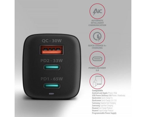 Зарядний пристрій AXAGON 1xUSB + 2xUSB-C 65W QC4+ PD3.0 PPS black (ACU-DPQ65)