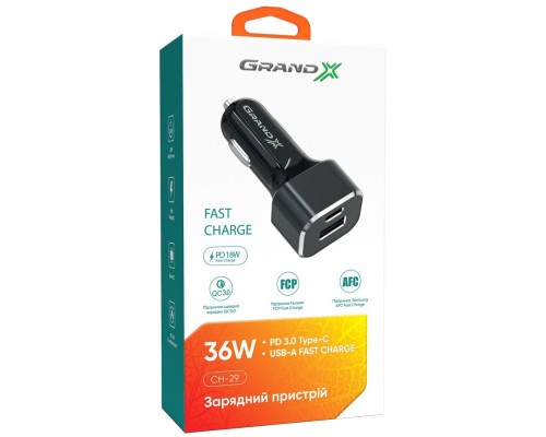 Зарядний пристрій Grand-X CH-29 PD 3.0, Quick Charge QС3.0, 1 TypeC, 1 USB (CH-29)