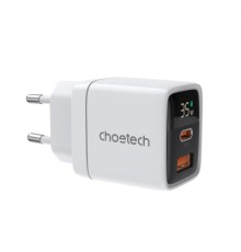Зарядний пристрій Choetech 1xUSB + 1xUSB-C PD35W with display white (PD6052-EU-WH)