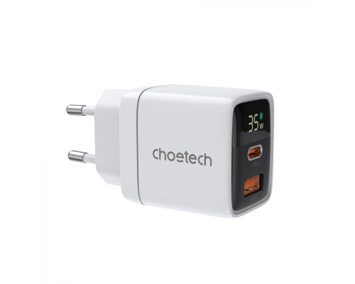 Зарядний пристрій Choetech 1xUSB + 1xUSB-C PD35W with display white (PD6052-EU-WH)