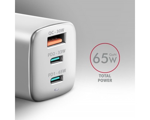 Зарядний пристрій AXAGON 1xUSB + 2xUSB-C 65W QC4+ PD3.0 PPS white (ACU-DPQ65W)