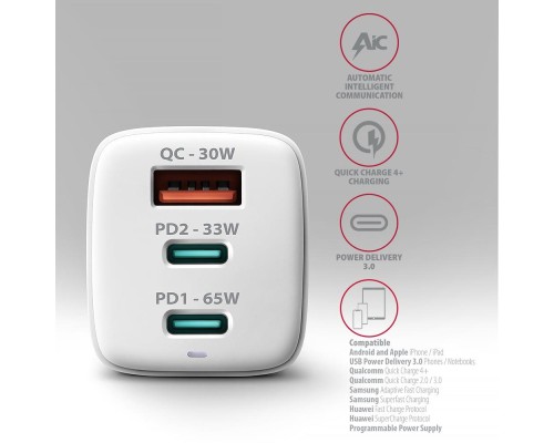 Зарядний пристрій AXAGON 1xUSB + 2xUSB-C 65W QC4+ PD3.0 PPS white (ACU-DPQ65W)