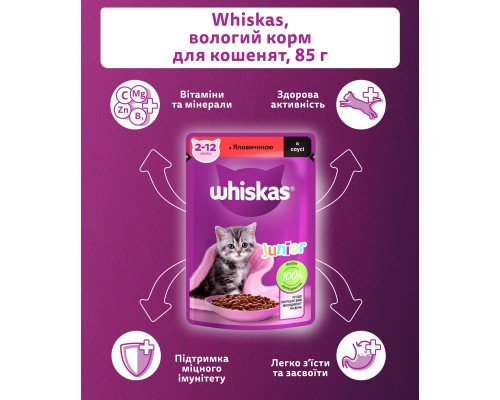 Вологий корм для кішок Whiskas Kitten Яловичина в соусі 85 г (5900951301957)
