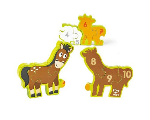 Пазл Hape дерев'яний з цифрами Звірята на фермі 10 елементів (E1628)