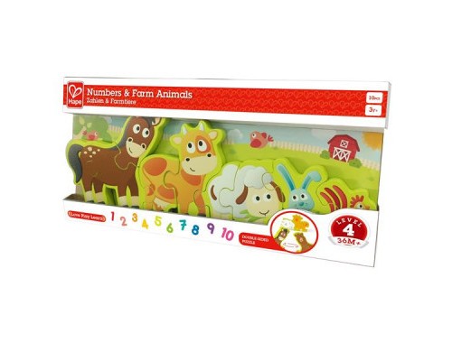 Пазл Hape дерев'яний з цифрами Звірята на фермі 10 елементів (E1628)
