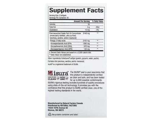 Жирні кислоти Natural Factors Омега-3 ультра, 2150 мг, RxOmega-3 Ultra Strength, 150 гелевих капсул (NFS-35490)