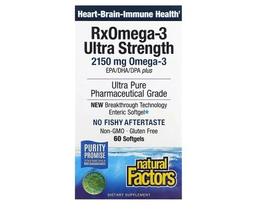 Жирні кислоти Natural Factors Омега-3 ультра, 2150 мг, RxOmega-3 Ultra Strength, 150 гелевих капсул (NFS-35490)