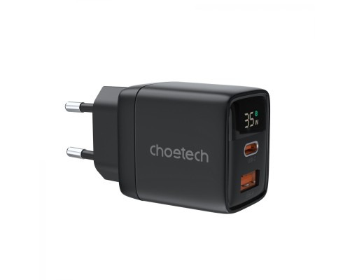 Зарядний пристрій Choetech 1xUSB + 1xUSB-C PD35W with display black (PD6052-EU-BK)