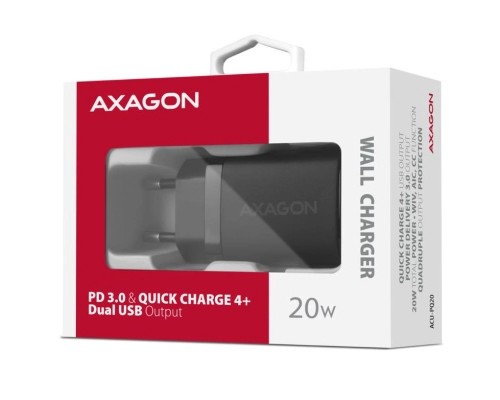 Зарядний пристрій AXAGON 1xUSB QC3.0 + 1xUSB-C PD20W black (ACU-PQ20)