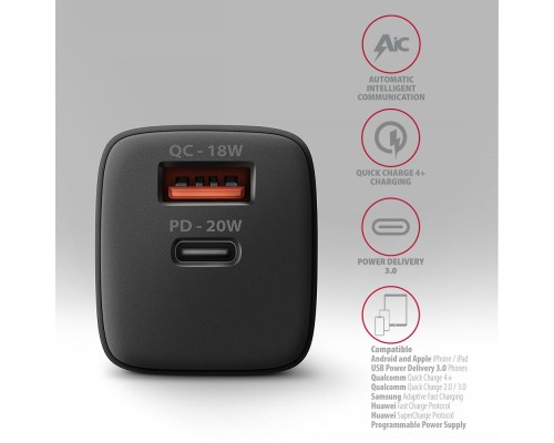 Зарядний пристрій AXAGON 1xUSB QC3.0 + 1xUSB-C PD20W black (ACU-PQ20)
