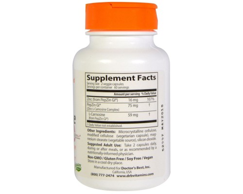 Мінерали Doctor's Best Цинк Карнозин Комплекс, PepZin, 120 гелевих капсул (DRB-00136) Мінерали Doctor's Best Цинк Карнозин Комплекс, PepZin, 120 гелевих капсул (DRB-00136)