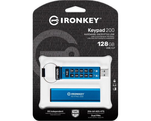 USB флеш накопичувач Kingston 128GB IronKey Keypad 200 AES-256 Encrypted Blue USB 3.2 (IKKP200/128GB) 