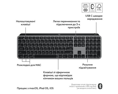 Клавіатура Logitech MX Keys S для MAC Bluetooth/Wireless UA Space Grey (920-011637)