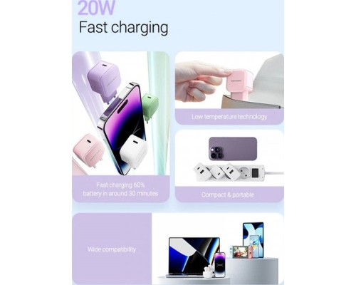 Зарядний пристрій Vention 1xUSB-C 20W PD3.0/QC3.0 Purple (FEJV0-EU)