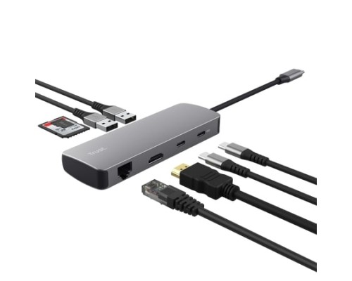 Концентратор Trust USB-C 8-in1 1xUSB-А 3.2/USB-A 2.0/2xUSB-С/HDMI/Ehernet/SD/microSD aluminium 0.15m grey (25672_TRUST)