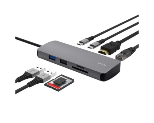 Концентратор Trust USB-C 8-in1 1xUSB-А 3.2/USB-A 2.0/2xUSB-С/HDMI/Ehernet/SD/microSD aluminium 0.15m grey (25672_TRUST)