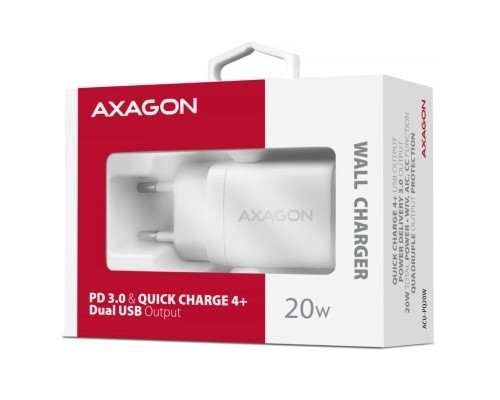 Зарядний пристрій AXAGON 1xUSB QC3.0 + 1xUSB-C PD20W white (ACU-PQ20W)