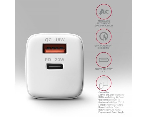 Зарядний пристрій AXAGON 1xUSB QC3.0 + 1xUSB-C PD20W white (ACU-PQ20W)